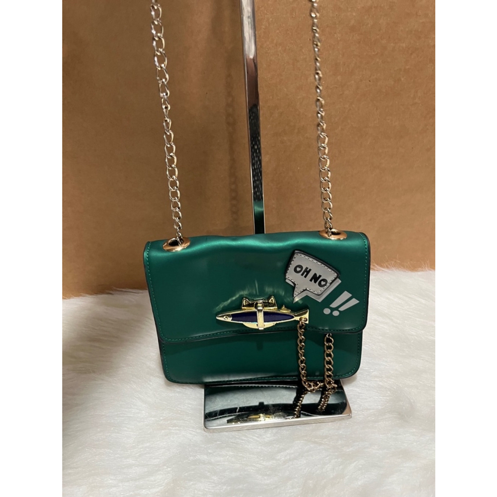 Metallic green and gold purse with gold chain shoulder crossbody purse